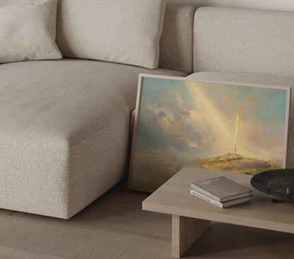 Heavenly Christian painting of a cross on a hill, with soft tonal colors, impressionist brushwork, and luminous spiritual presence.