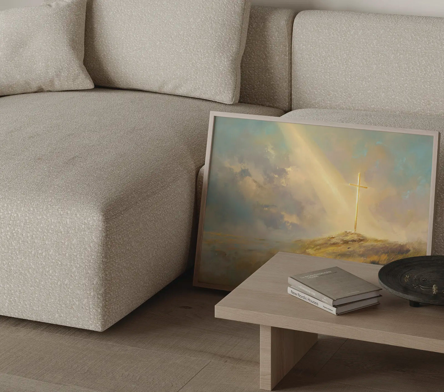 Majestic hilltop cross wall art with painterly landscape ideal for church or office decor