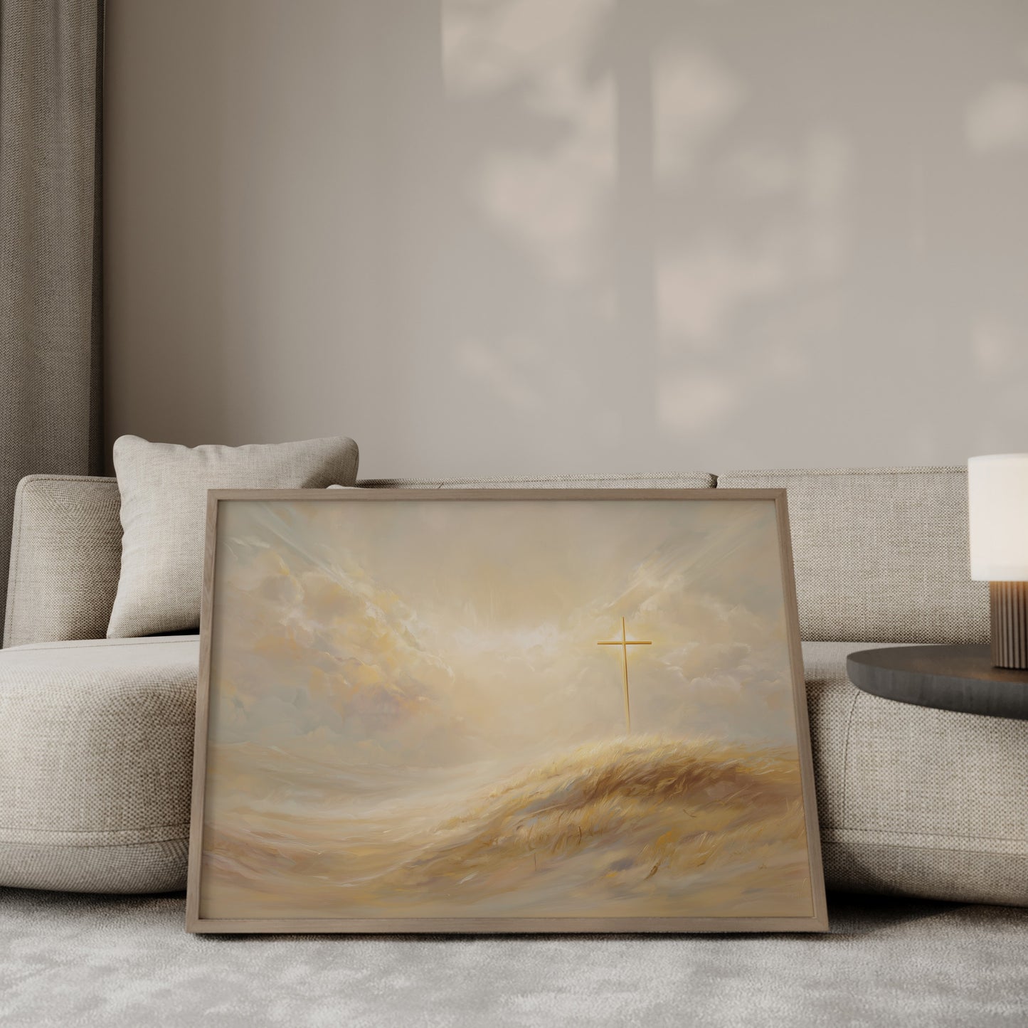 Modern impressionist painting of the Holy Cross on a hill, with soft tonal colors, ethereal light, and serene spiritual atmosphere emphasizing hope and faith.