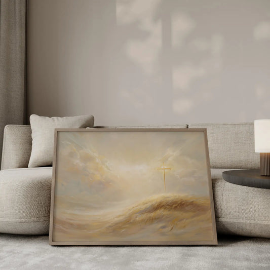 Heaven's Promise golden cross with divine light streaming from sky in peaceful meadow – JesusArtworks