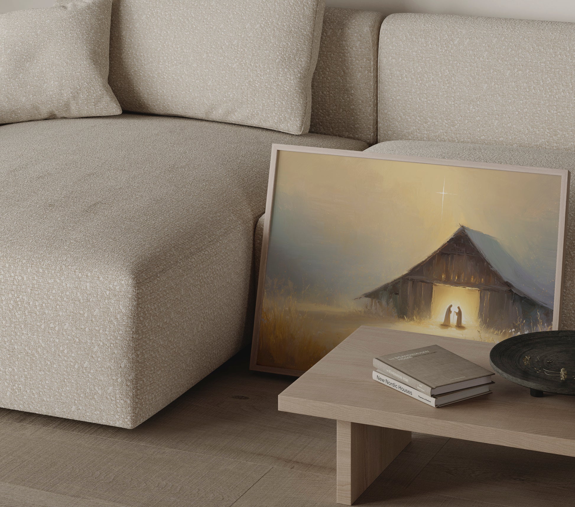 Modern Christian painting of the Holy Family in the barn, showing baby Jesus with Mary and Joseph in muted warm tones, impressionist textures, and peaceful spiritual atmosphere.