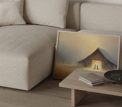 Modern Christian painting of the Holy Family in the barn, showing baby Jesus with Mary and Joseph in muted warm tones, impressionist textures, and peaceful spiritual atmosphere.