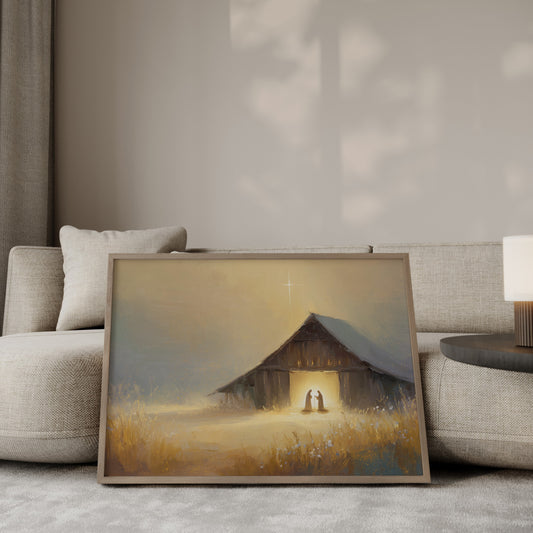 Modern impressionist painting of the Holy Nativity, featuring baby Jesus with Mary and Joseph in the barn, warm tonal palette, soft textures, and ethereal light.