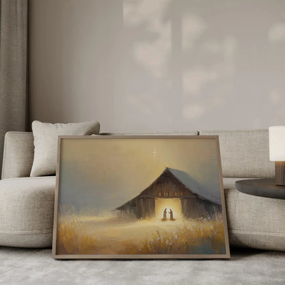 The Holy Nativity Mary and Joseph in humble barn with star above stable Christmas wall art – JesusArtworks