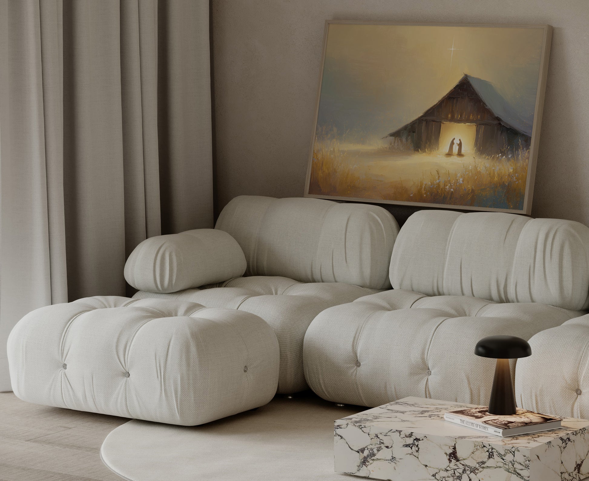 Modern impressionist painting of the Holy Nativity in a barn, showing baby Jesus with Mary and Joseph, warm tones, soft textures, and serene spiritual glow.