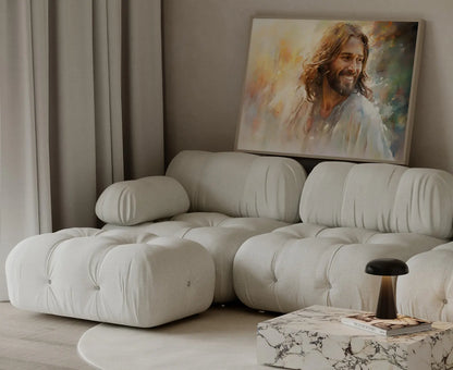 Neutral tone Christian landscape art, minimalist faith decor for master bedroom