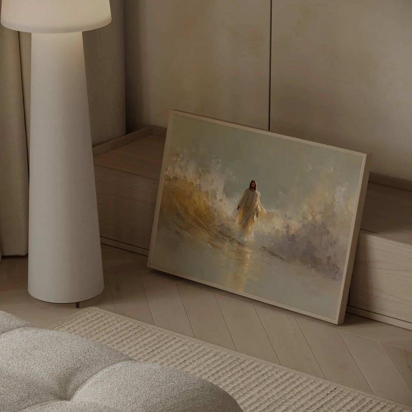 Powerful Jesus commanding the waves painterly Christian wall art in modern living room – JesusArtworks