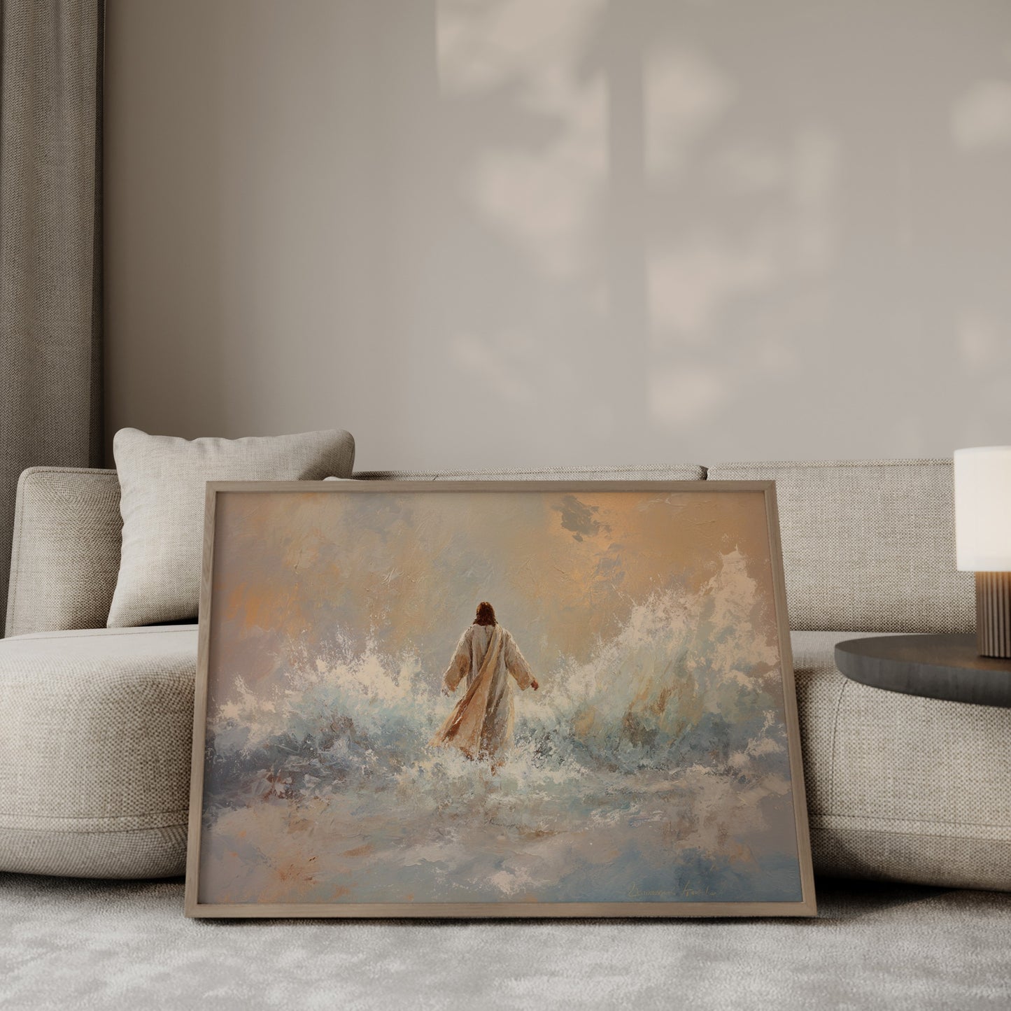Contemporary impressionist painting of Jesus walking on water, with soft warm tones, glowing ethereal light, and spiritual calm.