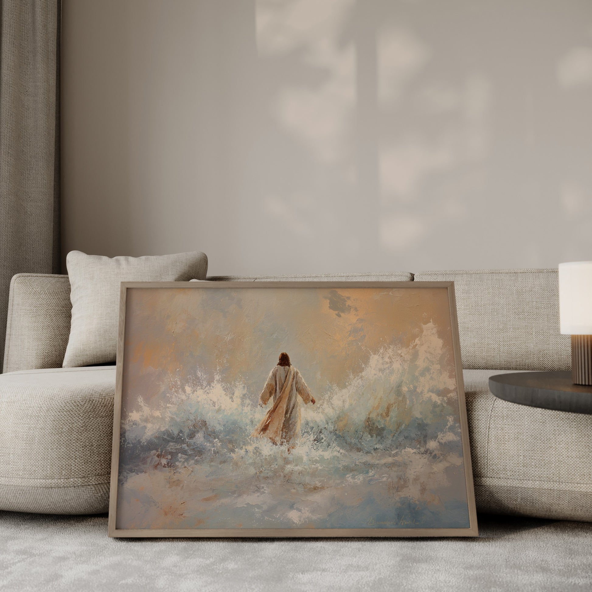 Contemporary impressionist painting of Jesus walking on water, with soft warm tones, glowing ethereal light, and spiritual calm.