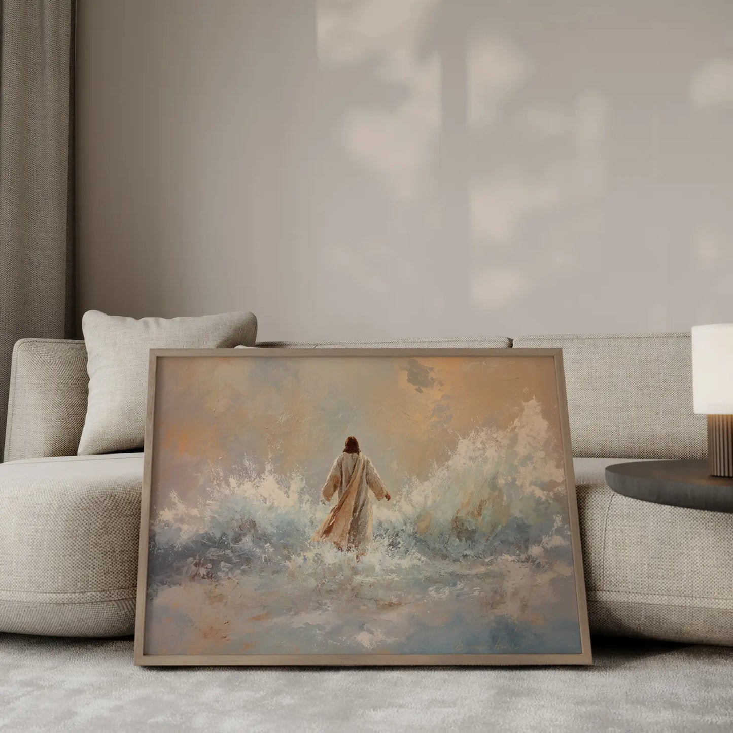 Jesus walking on water wall art with stormy waves in modern living room – JesusArtworks