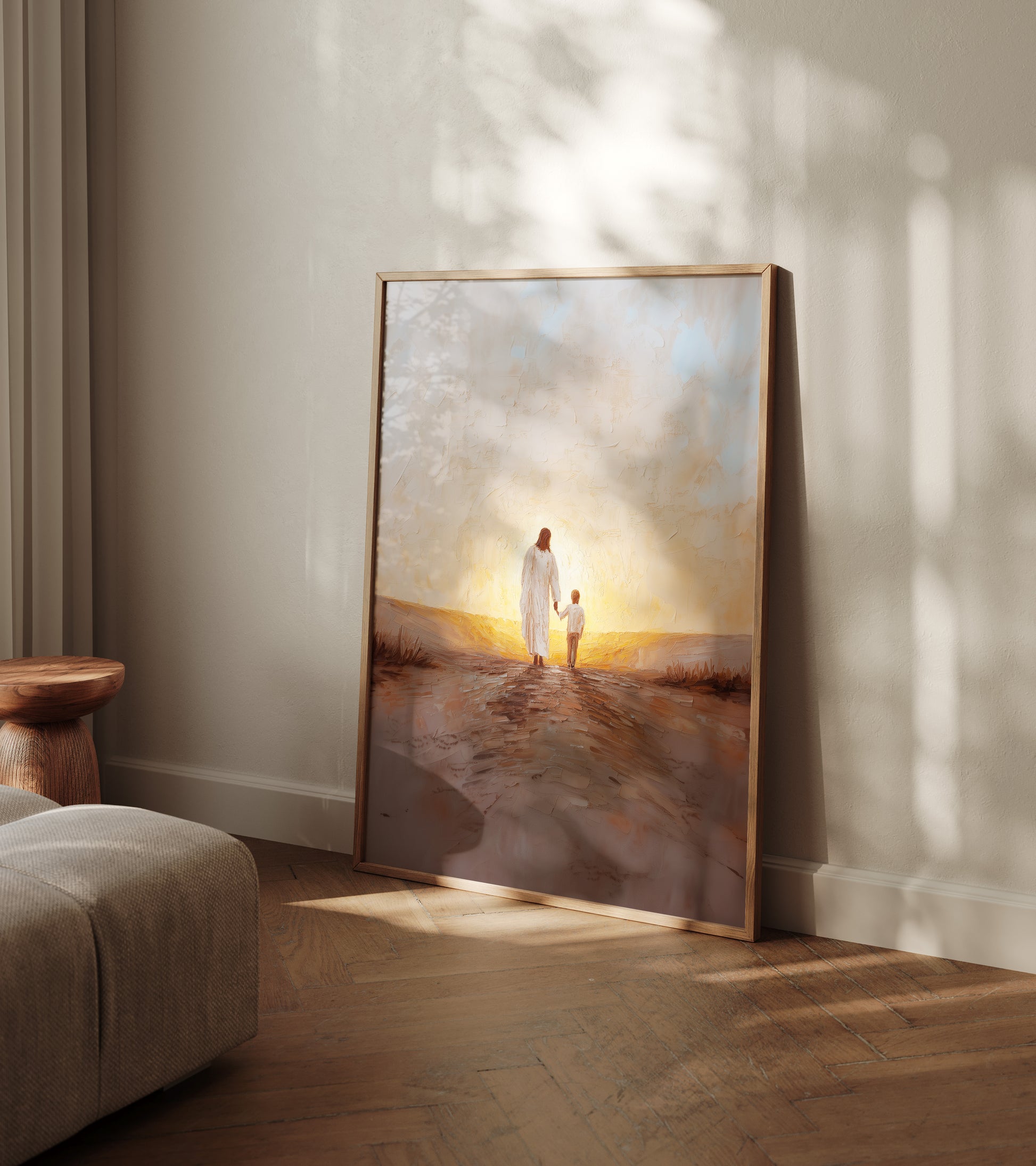 Modern sacred impressionist painting of Jesus walking with a child, featuring tonal palette, soft-focused sky, and tactile impasto brushwork.