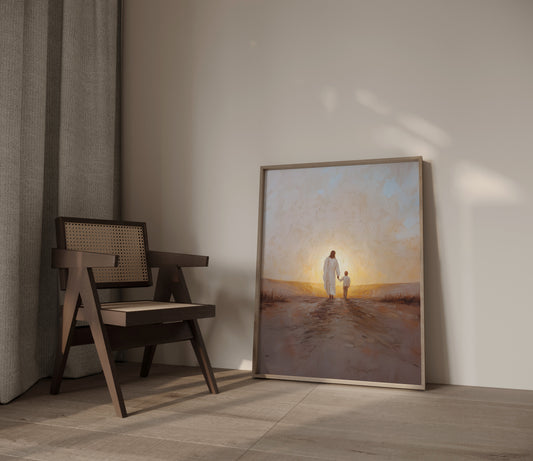 Contemporary Christian artwork showing Jesus walking beside a child from behind, with blurred features, minimalistic composition, and soft golden light.