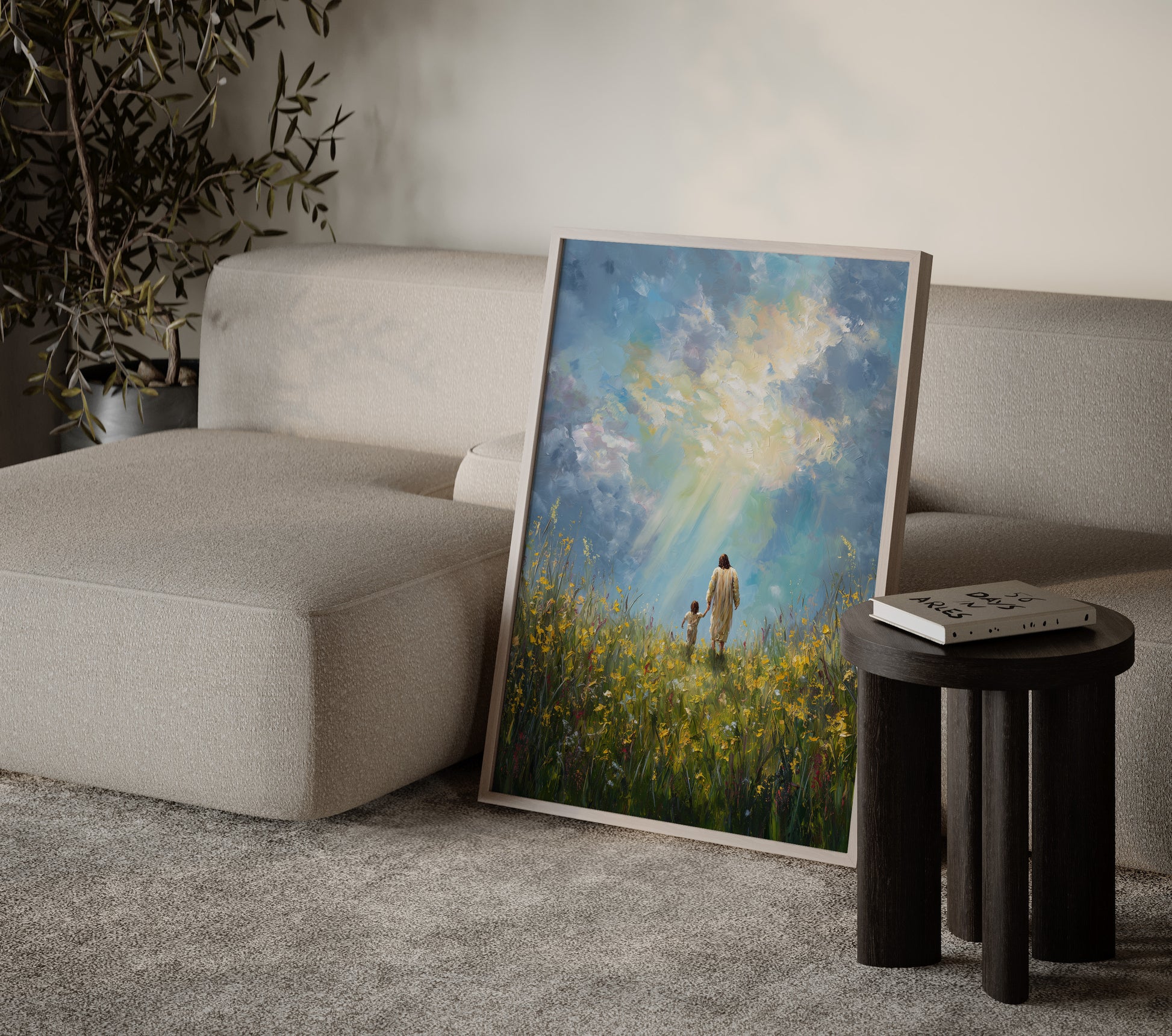 Contemporary Christian painting showing Jesus walking alongside a child holding hands, with blue and and colorful tones, soft edges, and a serene spiritual presence.