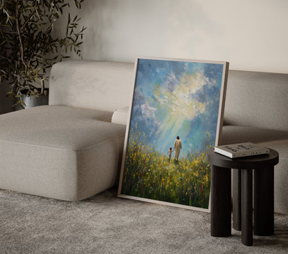 Contemporary Christian painting showing Jesus walking alongside a child holding hands, with blue and and colorful tones, soft edges, and a serene spiritual presence.