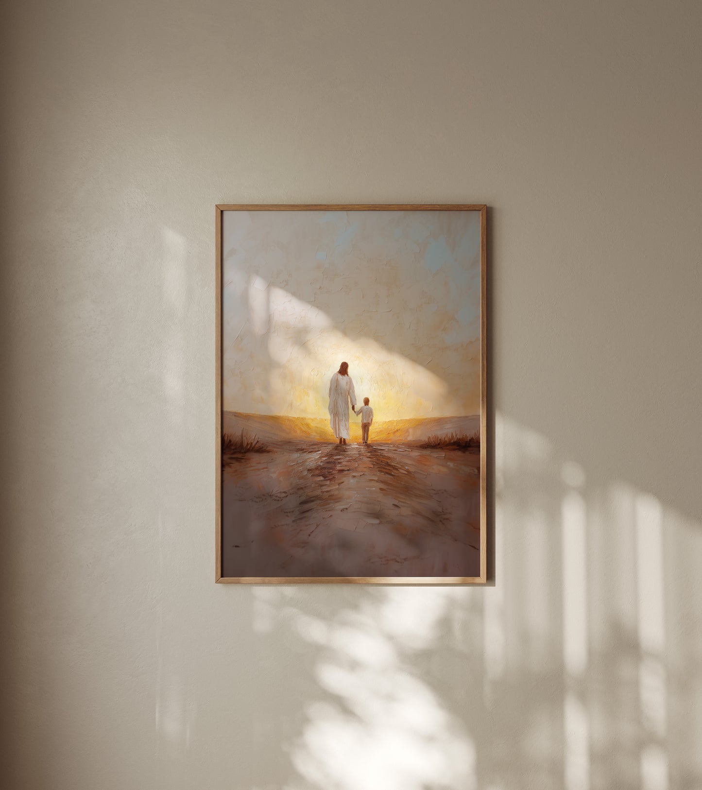 Modern religious artwork of Jesus walking beside a child, rendered in impressionist style with impasto texture, warm earthy tones, and a peaceful, symbolic scene.