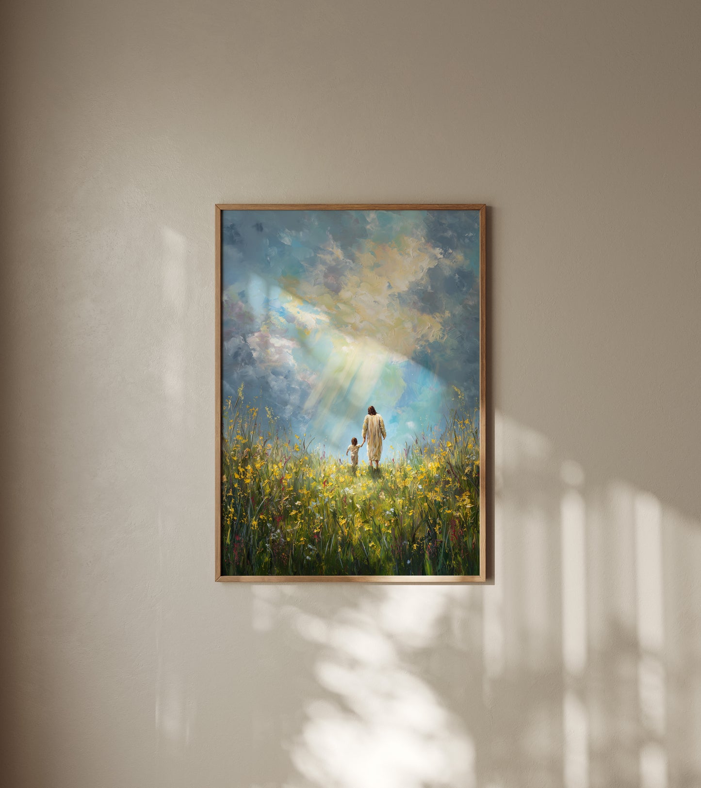 Modern spiritual painting of Jesus walking beside a child holding hands, using impressionist texture, warm ochre tones, and a serene atmosphere.