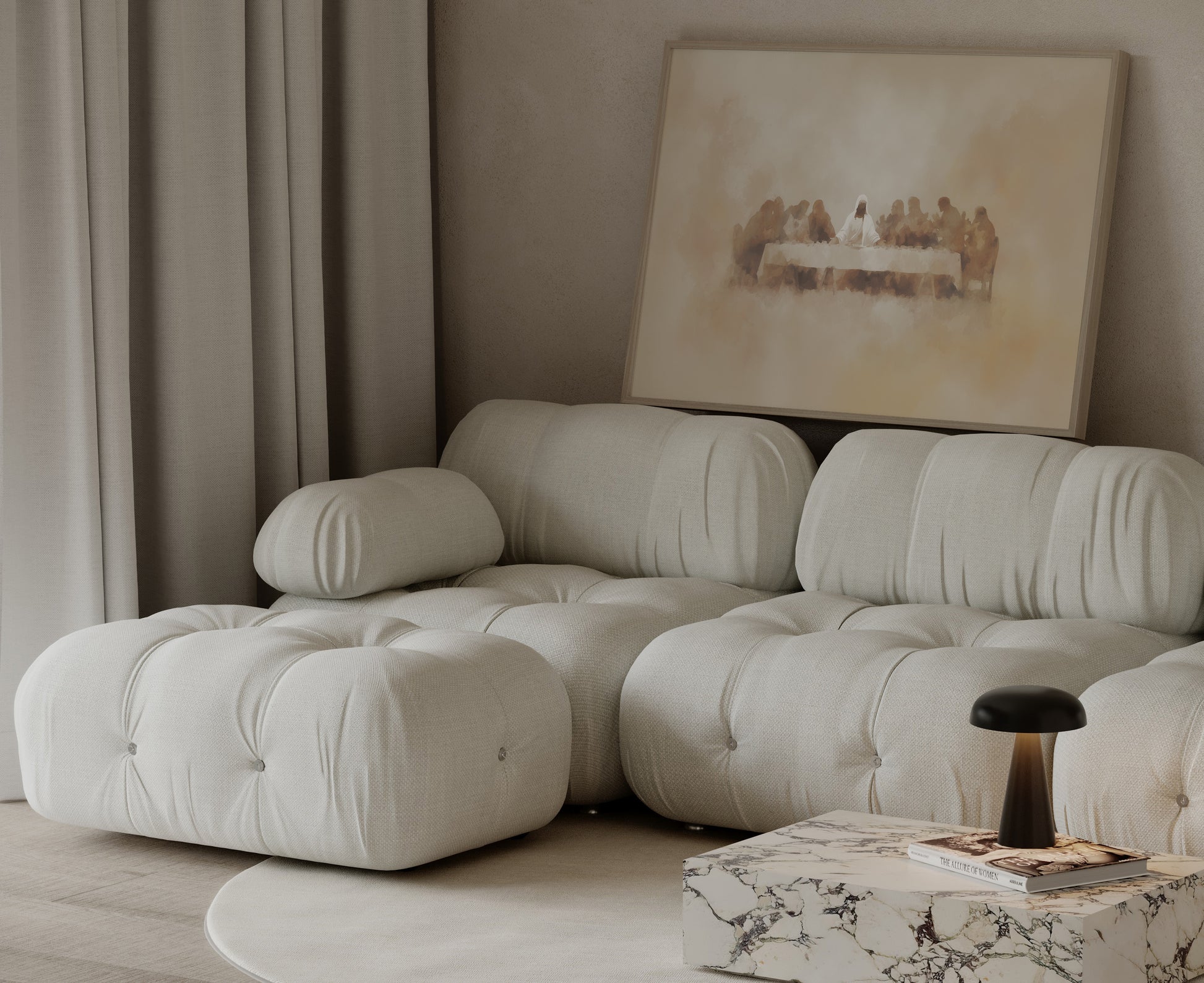 Spiritual Christian artwork showing Jesus and the disciples at the Last Supper, rendered with mixed media textures and a peaceful, inner stillness.
