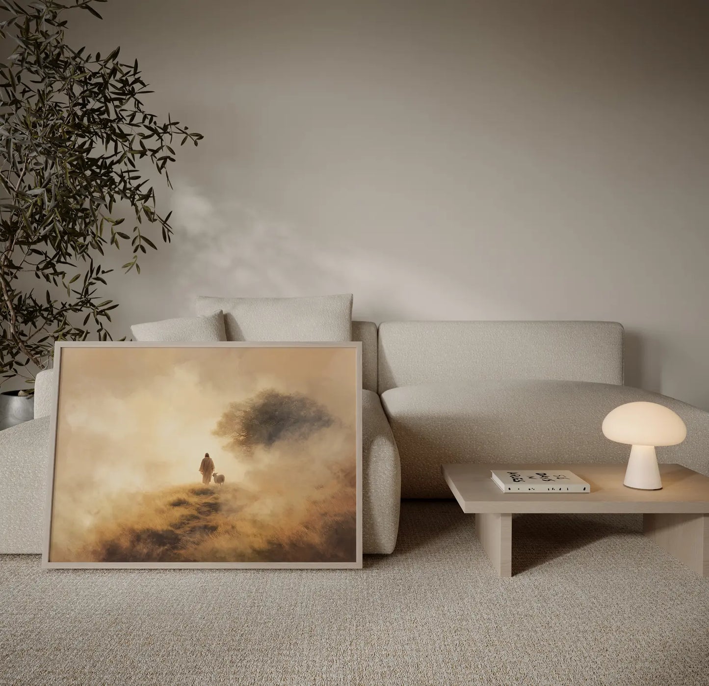 Good Shepherd art print with Jesus and a lamb walking toward a golden tree styled in a contemporary Scandinavian interior