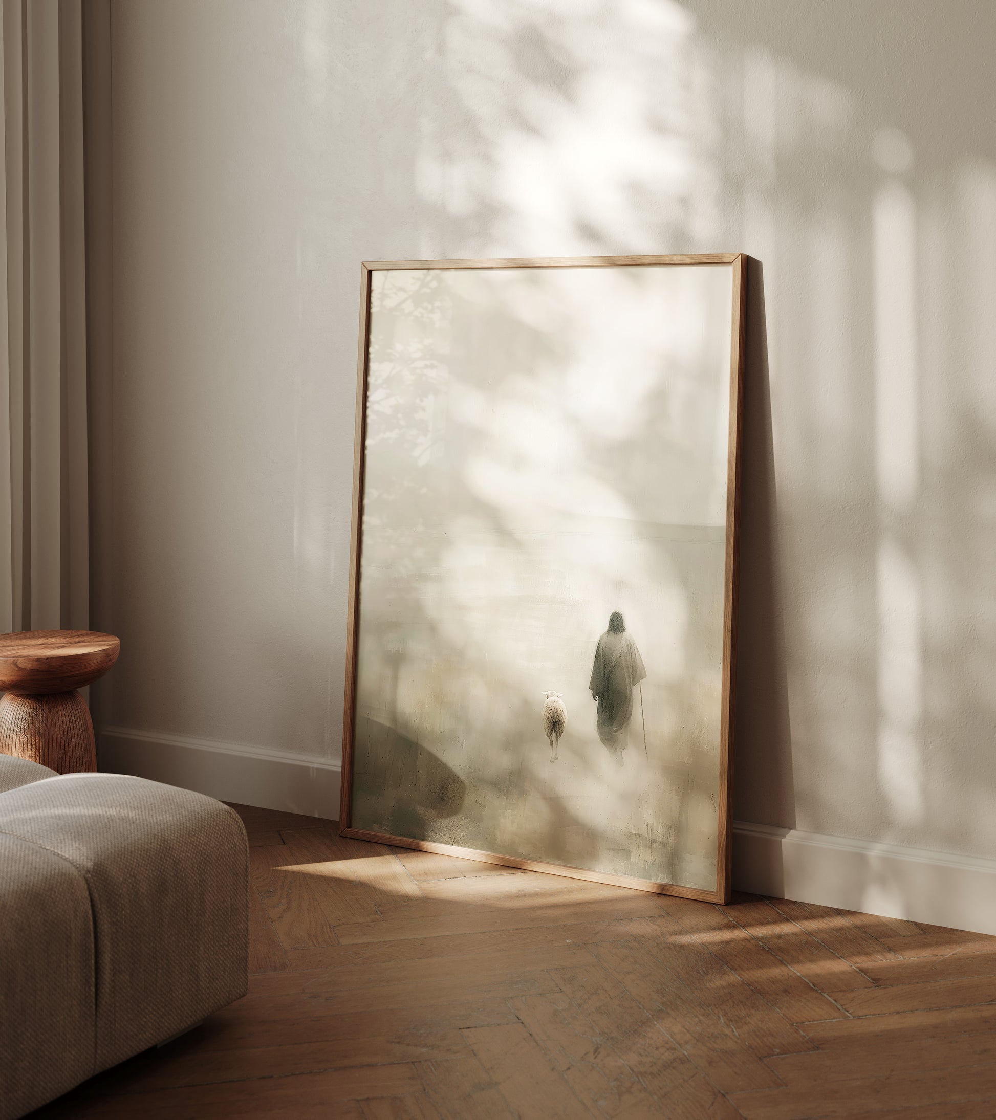 Modern impressionist painting of Jesus walking with a lamb, leaving the 99, using gestural brush strokes, soft focus, and an ethereal, spiritual mood.