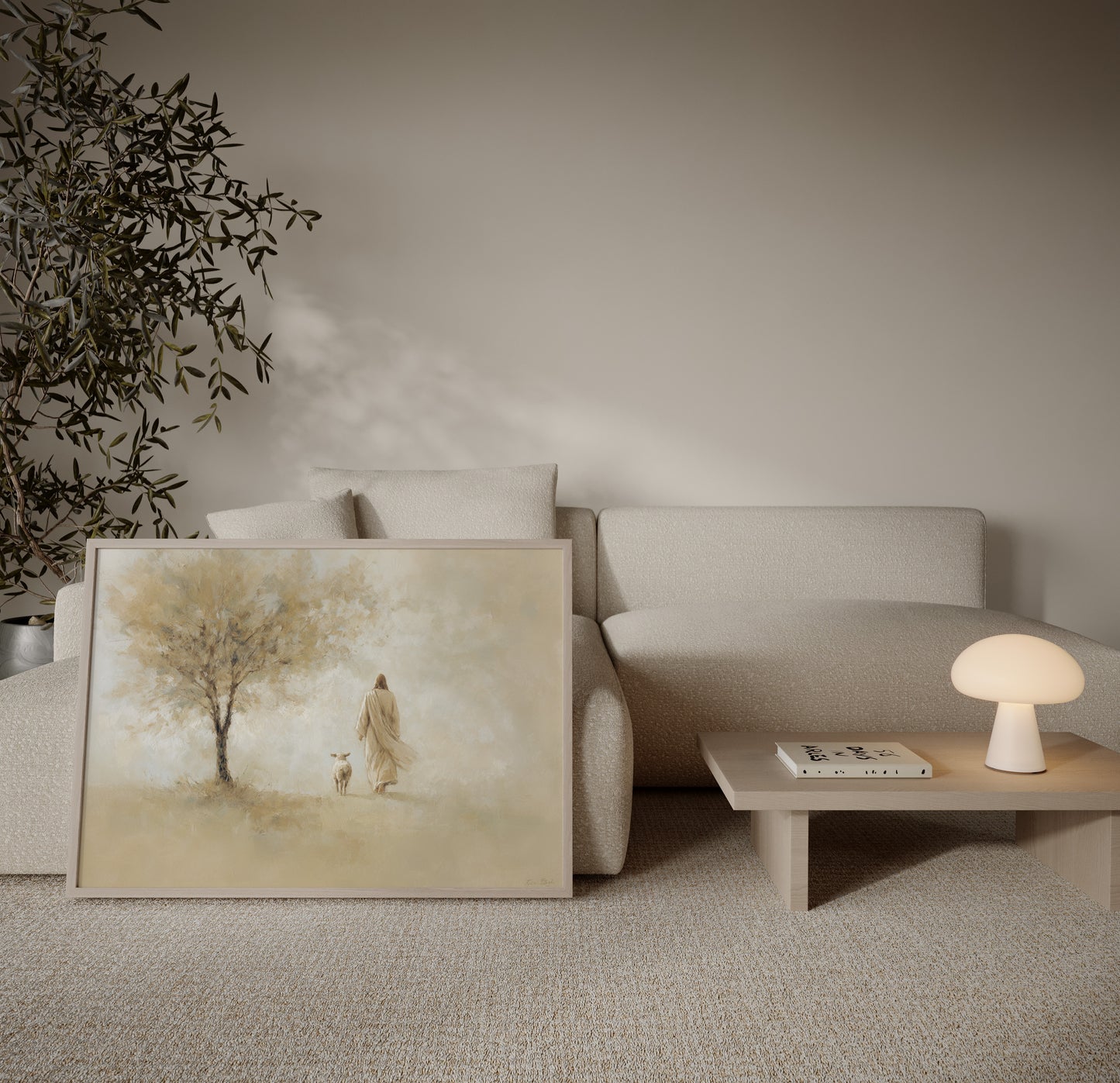 Spiritual impressionist artwork of Jesus leaving the 99 sheep, highlighting the shepherd’s love with muted warm tones and soft luminous brushwork.