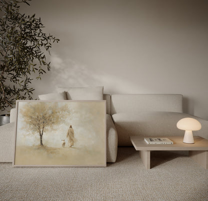 Spiritual impressionist artwork of Jesus leaving the 99 sheep, highlighting the shepherd’s love with muted warm tones and soft luminous brushwork.