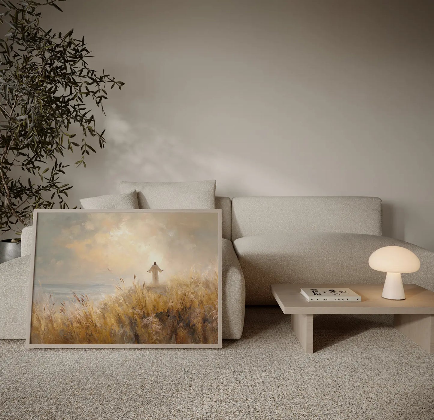 Jesus with open arms Christian landscape wall art print in a thin frame in a modern neutral living room – JesusArtworks