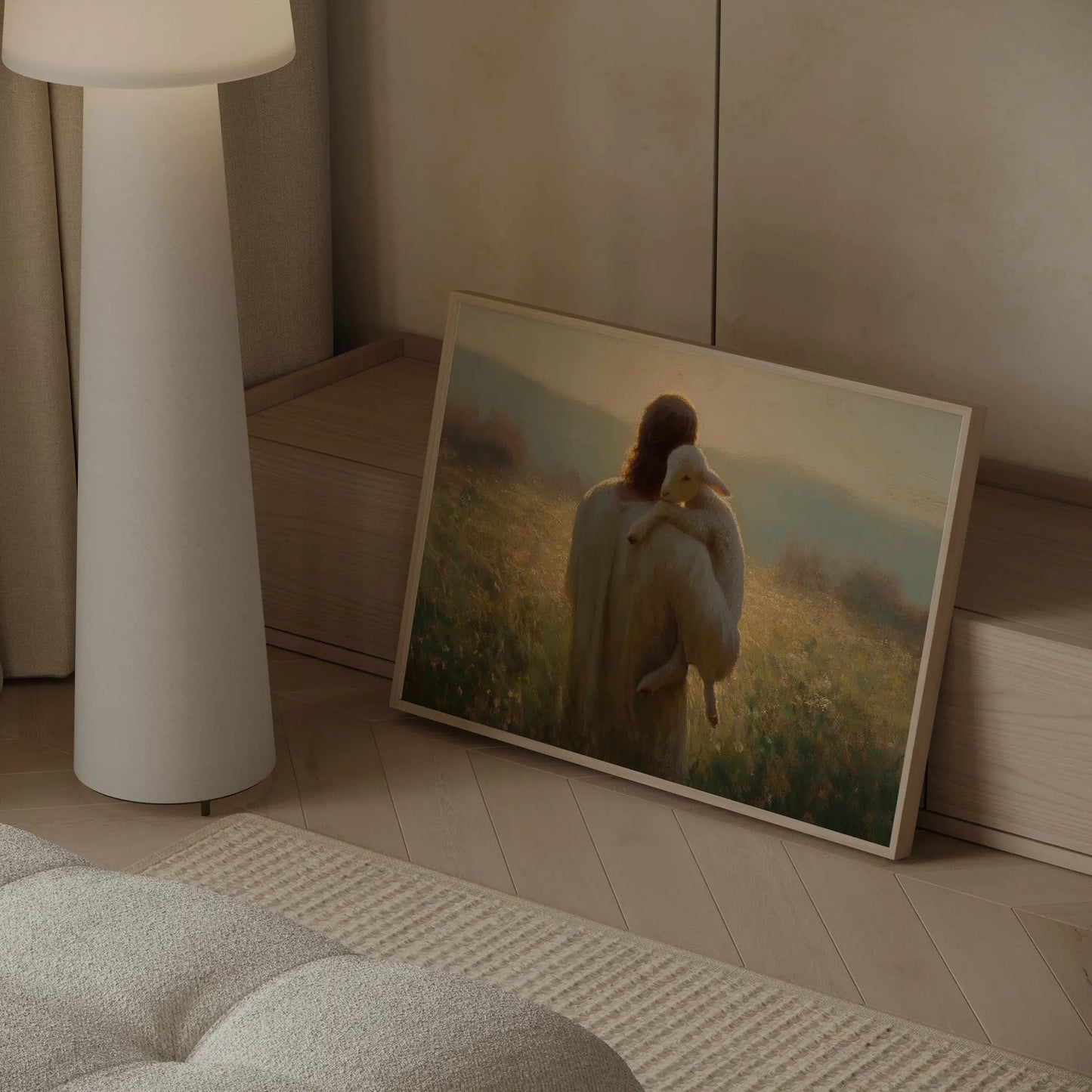 Jesus Good Shepherd carrying a lamb close-up large format art print in a soft warm master bedroom – Christian wall art by JesusArtworks