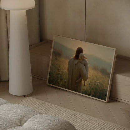 Jesus Good Shepherd carrying a lamb close-up large format art print in a soft warm master bedroom – Christian wall art by JesusArtworks
