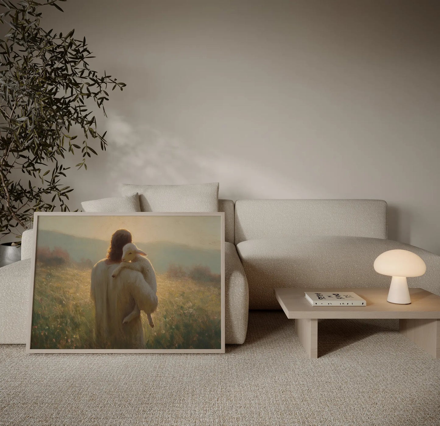Jesus carrying a white lamb through a golden wildflower field at sunrise intimate close-up art print in a warm neutral living room – JesusArtworks