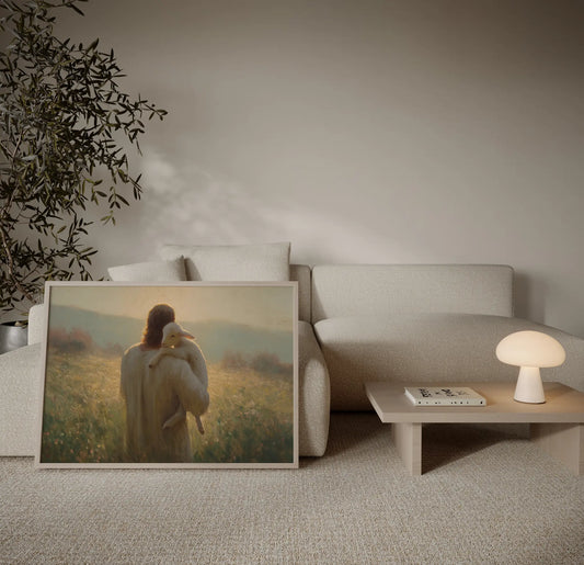 Jesus carrying a white lamb through a golden wildflower field at sunrise intimate close-up art print in a warm neutral living room – JesusArtworks