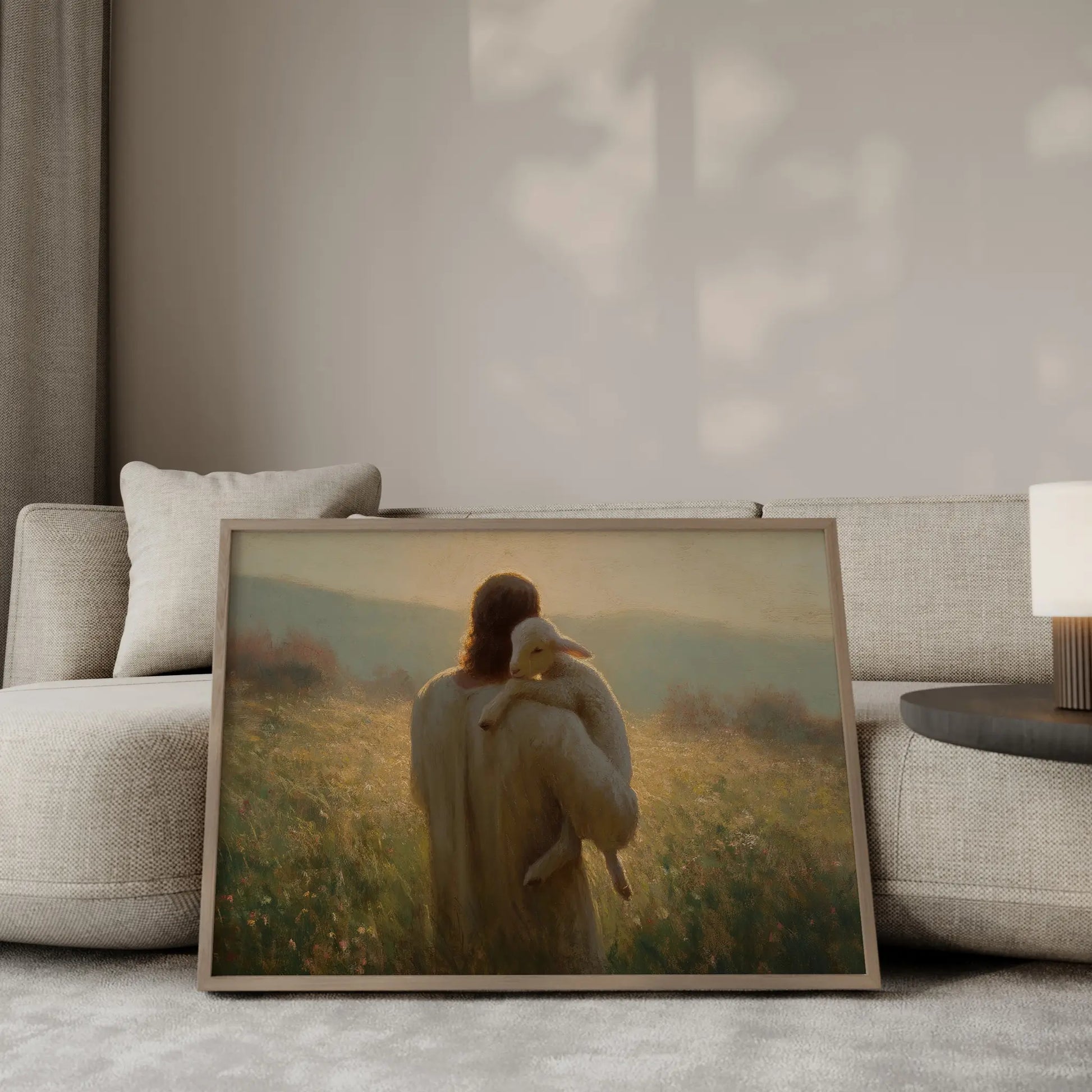Carried Home intimate oil painting – Jesus carrying a white lamb on his shoulder through a golden wildflower meadow at sunrise, the lamb looking back over his shoulder, Christian wall art by JesusArtworks