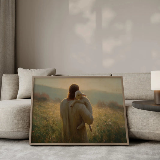 Carried Home intimate oil painting – Jesus carrying a white lamb on his shoulder through a golden wildflower meadow at sunrise, the lamb looking back over his shoulder, Christian wall art by JesusArtworks