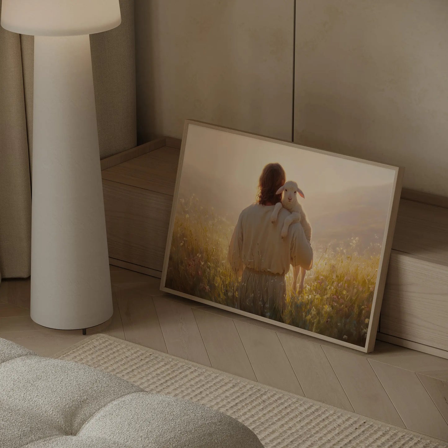 Jesus Good Shepherd and lamb sunset horizon art print in a large format in a contemporary living room – biblical wall art by JesusArtworks