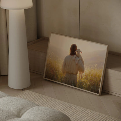 Jesus Good Shepherd and lamb sunset horizon art print in a large format in a contemporary living room – biblical wall art by JesusArtworks