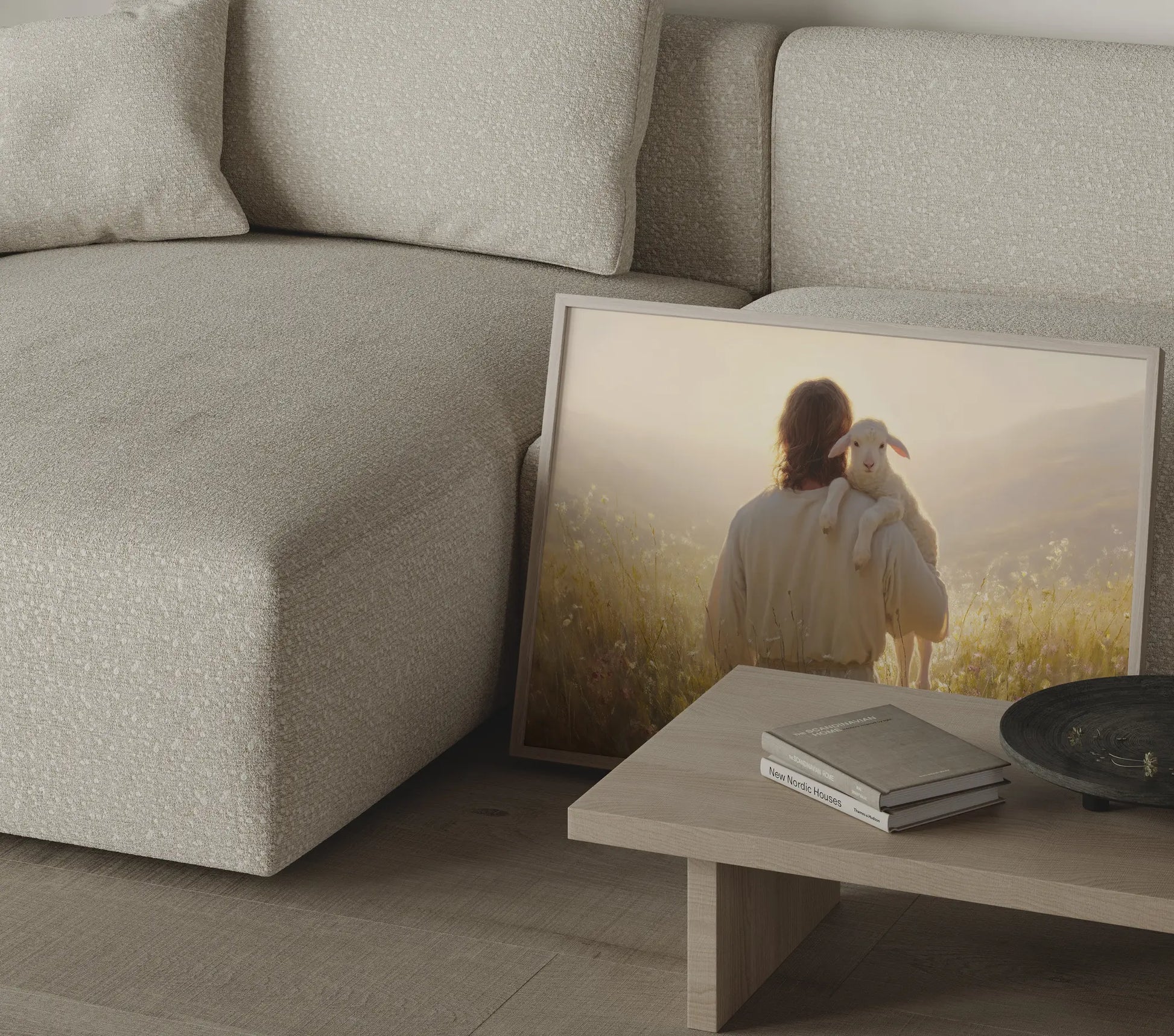 Jesus and lamb shepherd oil painting in a slim wood frame in a prayer room or quiet reading corner – Christian wall decor by JesusArtworks