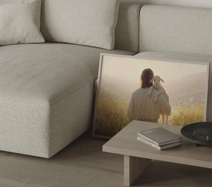 Jesus and lamb shepherd oil painting in a slim wood frame in a prayer room or quiet reading corner – Christian wall decor by JesusArtworks