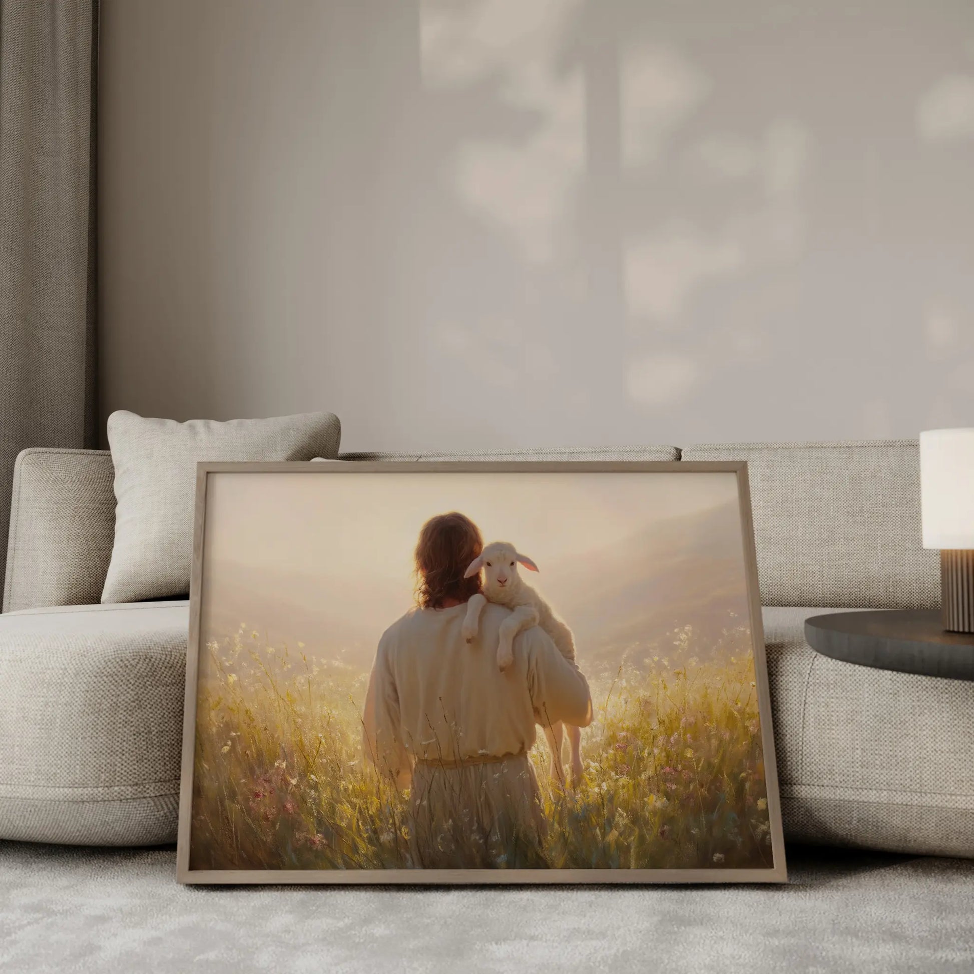 Safe in His Keeping oil painting – Jesus the Good Shepherd and a white lamb walking together toward a warm sunset horizon, peaceful Christian wall art by JesusArtworks