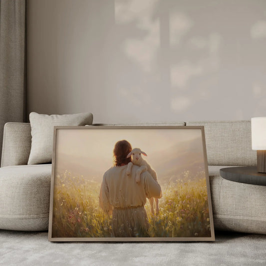 Safe in His Keeping oil painting – Jesus the Good Shepherd and a white lamb walking together toward a warm sunset horizon, peaceful Christian wall art by JesusArtworks