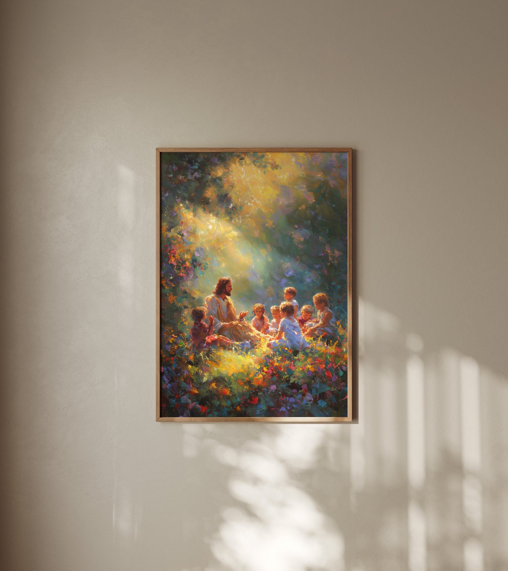 Modern spiritual artwork of Jesus with children learning, painted with thick impasto, vibrant color palette, and soft, dreamlike edges for an ethereal feel.