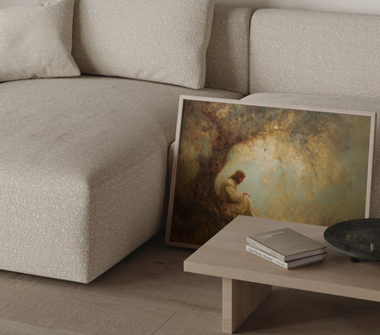 Impressionist Christian art showing Jesus in meditation under a tree, with muted earth tones and an ethereal, tranquil atmosphere.