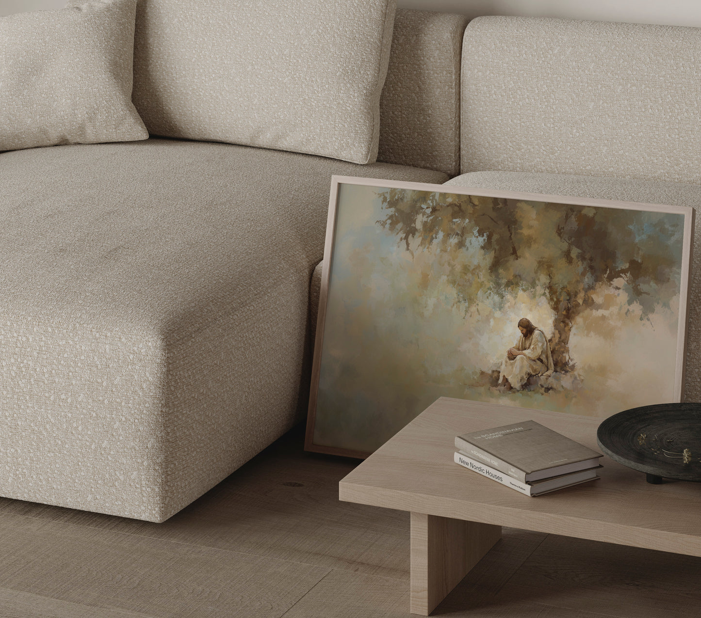 Jesus Christ in quiet prayer under a tree, illustrated in a soft, modern impressionist style emphasizing peace and introspection.