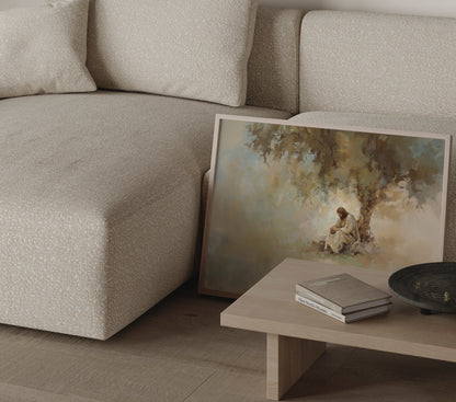 Jesus Christ in quiet prayer under a tree, illustrated in a soft, modern impressionist style emphasizing peace and introspection.