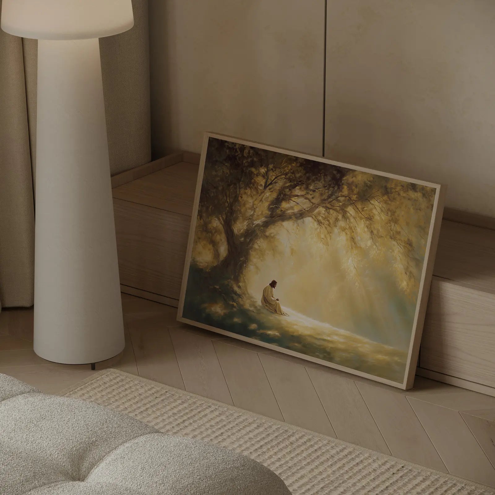 The Quiet Teacher art showing Jesus in contemplative prayer beneath tree of life