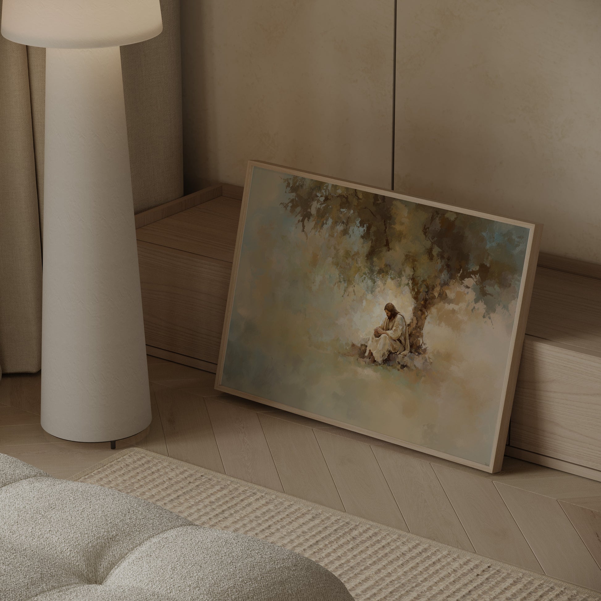 Tonalist painting of Jesus Christ praying in nature under a tree, featuring soft textures and a golden-hour glow.