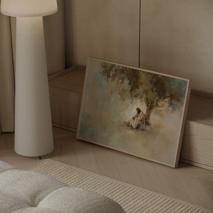 Tonalist painting of Jesus Christ praying in nature under a tree, featuring soft textures and a golden-hour glow.