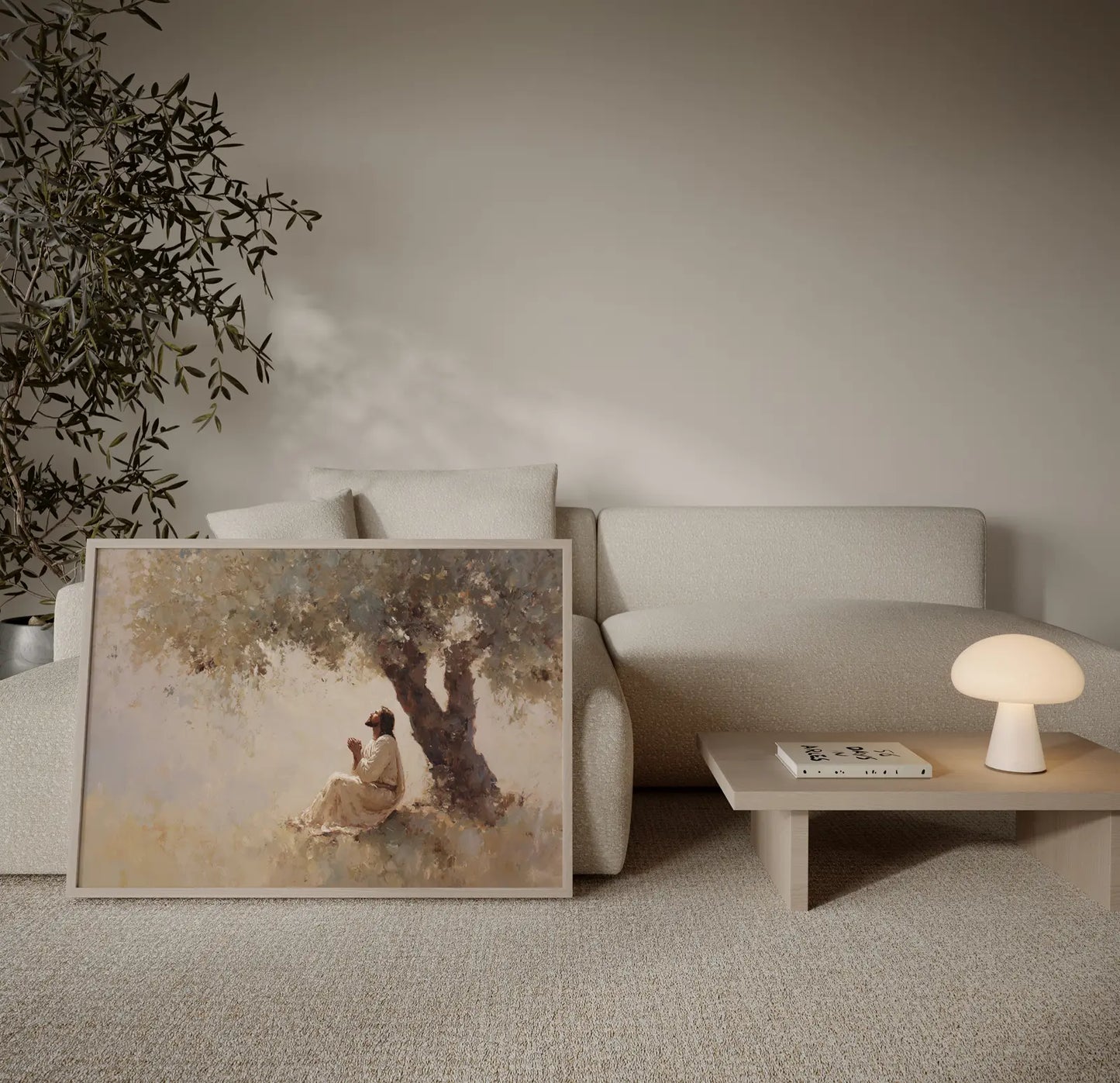 The Quiet Prayer – Jesus praying art print styled in contemporary neutral interior – faith-inspired wall decor