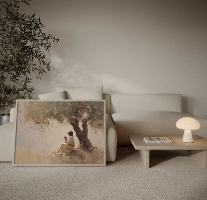 The Quiet Prayer – Jesus praying art print styled in contemporary neutral interior – faith-inspired wall decor