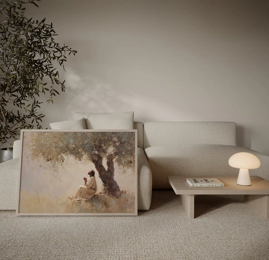 The Quiet Prayer – Jesus praying art print styled in contemporary neutral interior – faith-inspired wall decor