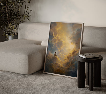 Sacred modern artwork of Jesus resting on a cloud in a heavenly realm, featuring Renaissance-inspired texture, glowing light, and a calm, reverent mood.