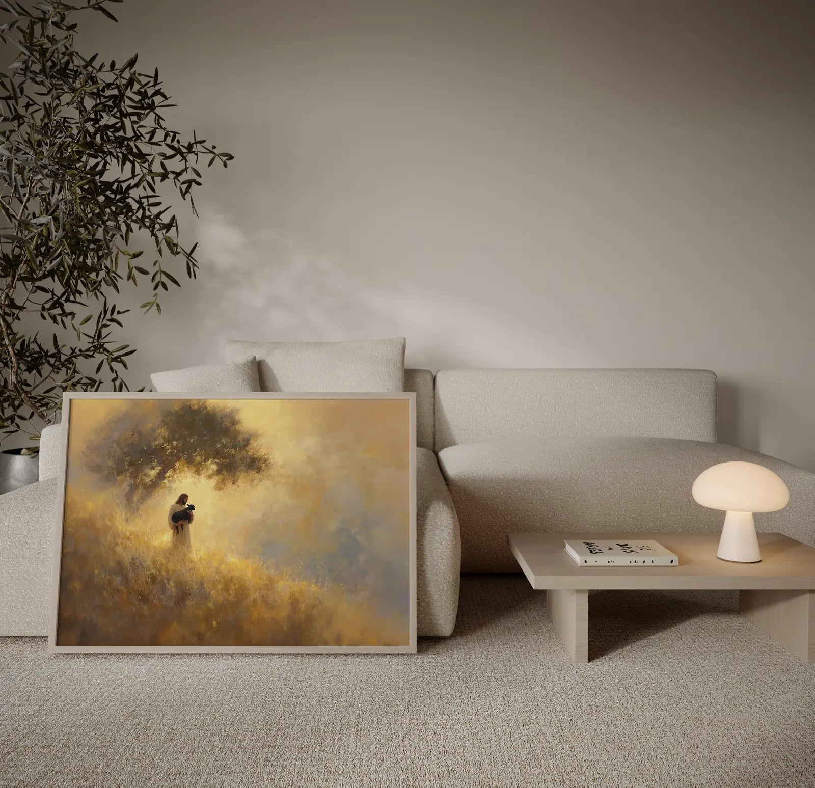 Jesus and the lost black lamb painting in warm golden tones, framed and leaning beside a cream couch in a modern home